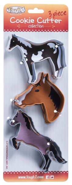 three cookie cutters in the shape of horses with different colors and shapes on them