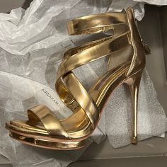 Nwt In Box Beautiful Gold Heels. Bronze Heels, Gold Platform Heels, Silver Strappy Heels, Gold Stilettos, Black Strap Heels, Gold High Heels, Black Chunky Heels, White Sandals Heels, Ankle Heels