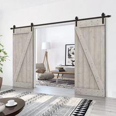 a living room with sliding barn doors in the middle and rugs on the floor