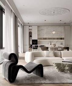 a modern living room with white furniture and large windows