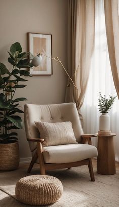 a living room with a chair, potted plant and rug on the floor in front of a window