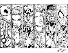 the avengers line up by person, comic books art, book art, drawing sketches, pencil drawings, character sheet, cartoon characters, black and white background, coloring pages, color