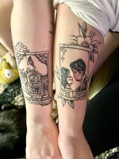 two people with tattoos on their legs, one is holding the other's arm