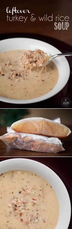 two pictures showing different stages of soup being made in the same bowl and then topped with bread