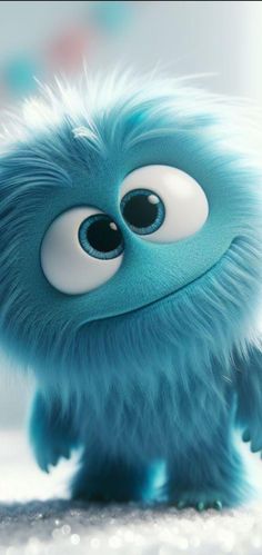 a close up of a blue furry animal with big eyes and an angry look on its face