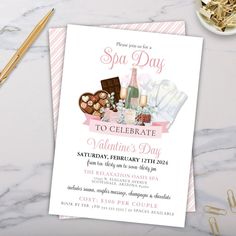 a pink and white spa day party card with champagne, chocolates, cookies and other items