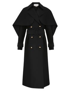 The Cape Trench Coat in Black from our Resort 2025 Collection, Crush. A wool blend trench coat featuring front pockets, neckline frill detail and a wrap around waist belt. Coat For Woman, Resort 2025, Crush A, Style Moodboard, Black Trench Coat, One Piece Clothing, Black Cape, Designer Coats, Designer Jackets