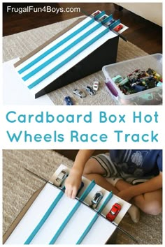 the cardboard box has wheels race track on it and is ready to be made into a car