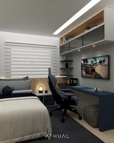 a bedroom with a bed, desk and television on the wall next to an entertainment center