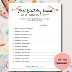 Have fun with this printable First Birthday Trivia game. It is a great way to add more fun to your kid's first birthday party! This 1st birthday game is a perfect birthday activity for family and friends. Let your guests test how well they know the one year old. This is a digital download. No Physical product will be sent. This item is not editable. Included:  * 1 US letter game card  * 5"x7" game cards (2 per page on US letter) Instructions: * Download your game from the email Etsy will send you or from the purchases section of your Etsy account * Print your game (print and cut out if using 5"x7" game card) * Have fun playing * Contact me if you have any questions about this item First Birthday Activities For Guests, First Birthday Trivia, Birthday Trivia Game, First Birthday Activities, Birthday Trivia, 1st Birthday Games, 1st Birthday Party Games, Activity For Family, Who Knows Me Best