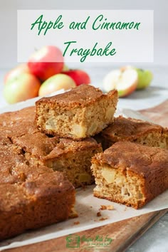 apple and cinnamon traybake on a cutting board with apples in the background