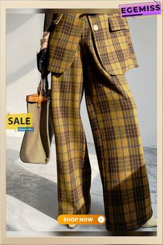 Elegant Plaid Fashion Pants Trendy Fall Dress Pants, Baggy Trousers For Fall, Trendy Dress Pants With Pockets For Fall, Fall Wide-leg Pants With Welt Pockets, Wide-leg Pants With Welt Pockets For Fall, Baggy Wide-leg Fall Pants, Fall Bottoms With Welt Pockets, Baggy Cargo Pants For Fall, Plaid Wide-leg Pants With Pockets