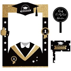 graduation photo booth props with gold glitter and black caps, gowns, and diploma stickers