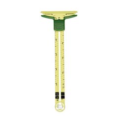 a green and yellow measuring tool on a white background