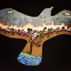 a painting of a tree with two birds on it's branches and the city in the background