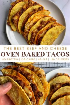 the best beef and cheese oven baked tacos are shown on white plates with text overlay