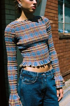 Blue Valentine Plaid Ruched Longsleeve – Après Studio Fitted Long Sleeve Top, Blue Valentine, Fitted Long Sleeve, Yellow Baby, Elastic Thread, Looks Style, Mode Inspiration, Looks Vintage, Cotton Flannel