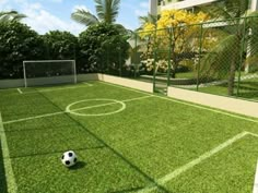 a soccer ball is on the grass in front of a fence and building with palm trees