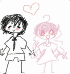 a drawing of two people holding hands and one has a heart above their head with the other hand