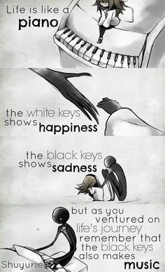 the words are written in black and white with an image of a person playing piano