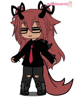 a drawing of a girl with horns on her head and wearing a black shirt, red tie