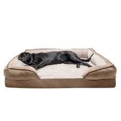 a large black dog laying on top of a brown and white dog bed in the shape of a rectangle