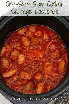 the stew is ready to be eaten in the crockpot with meat and potatoes