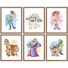 four pictures of toy story characters with watercolors on them, one is an image of