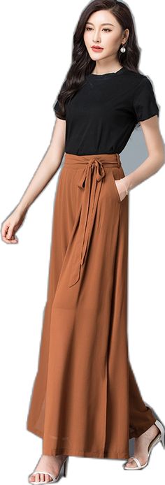 Brown Ankle-length Harem Pants With Elastic Waistband, Chic Brown Belted Bottoms, Elegant Brown Ankle-length Pants, Brown Stretch Ankle-length Wide Leg Pants, Stretch Brown Wide Leg Pants With Pockets, Brown High-waisted Harem Pants For Spring, High-waisted Brown Harem Pants For Spring, Spring Flowy Skirt Bottoms, High Waist Flowy Brown Skirt