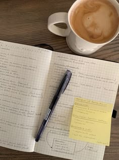 a notepad and pen sitting on top of an open notebook next to a cup of coffee