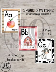 the alphabet and numbers are displayed with farm animals, barnyards, apples, and cows