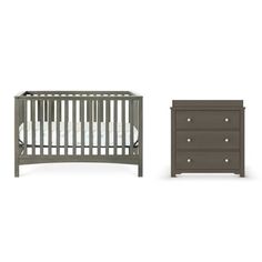 a crib and dresser are shown with the baby's bed next to it