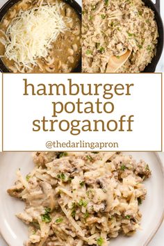 Collage of hamburger potato stroganoff photos. Hamburger Helper With Potatoes, Potato Stroganoff Hamburger Homemade, Ground Beef Potato Stroganoff, Potato Stroganoff Hamburger, Potato Stroganoff Recipe, Hamburger Helper Stroganoff, Potatoes And Ground Beef, Vegan Hamburger Helper