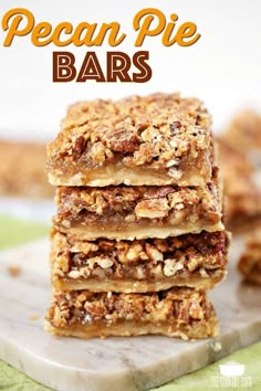 three pieces of pecan pie bars stacked on top of each other with text overlay