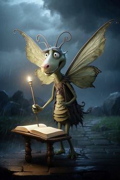 a cartoon character is holding an umbrella and reading a book in the rain with a lit candle