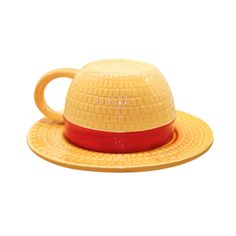 a yellow hat with red band on it