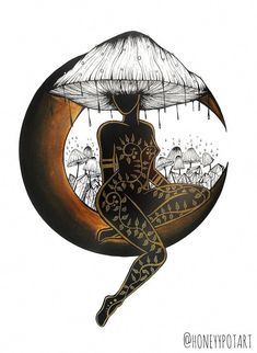 a drawing of a woman sitting on the moon with an umbrella over her head,