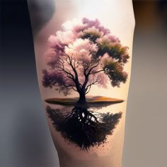 a tree with its reflection in the water is shown on this thigh sleeve tattoo design