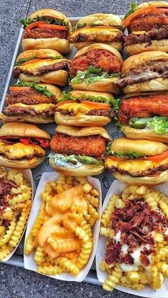 a tray filled with lots of different types of sandwiches and macaroni salads