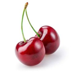 two cherries are sitting side by side on a white surface