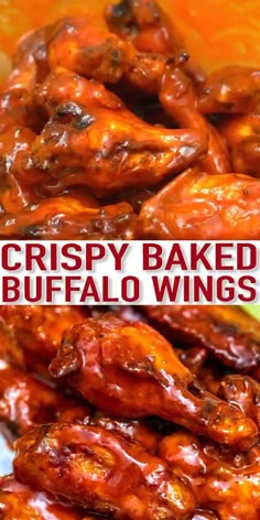 crispy baked buffalo buffalo wings are piled on top of each other