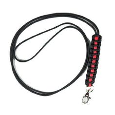 a black leash with red and white stitching on the end, attached to a lanyard