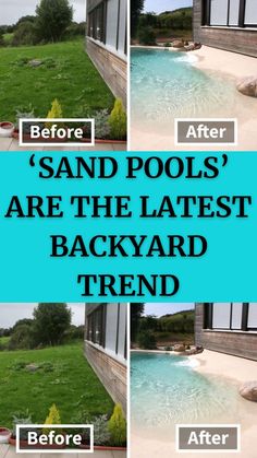 the before and after shots of an in ground swimming pool with sand pools are shown