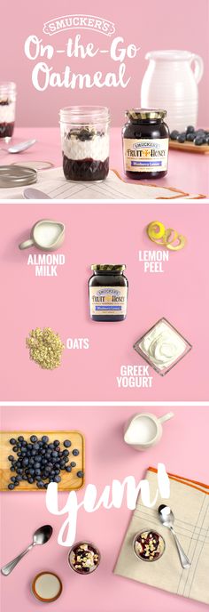 the ingredients to make blueberry oatmeal are displayed on a pink background