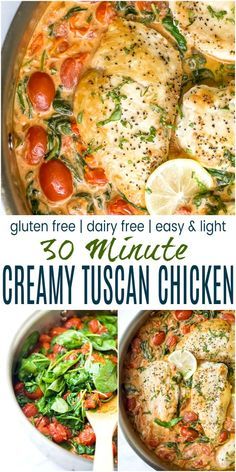 creamy tuscann chicken with tomatoes and spinach in a skillet