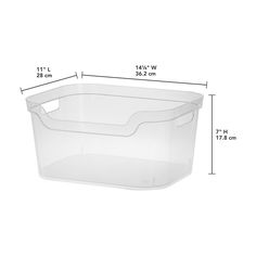 a large plastic storage container with measurements