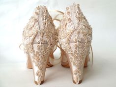 "Champagne lace embellished wedding shoes for bride, custom heel heights available. Elegant receptions or vintage weddings, these wedding heels compliment your wedding theme beautifully! Custom wedding gift, bachelorette gift, personalized engagement gift. Champagne satin shoes are designed with embroidered lace. Champagne beads and shiny sequins are used on the embroidery and organza ribbons tie on the front. They are made of soft smooth satin and delicate lace, each handmade item is unique and Embellished Wedding Shoes, Wedding Fairytale, Wedding Shoes For Bride, Custom Heels, Fairytale Bridal, Custom Wedding Shoes, Shoes For Bride, Personalized Engagement Gifts, Bachelorette Gift