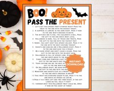 a boo pass the present poem with pumpkins and bats around it on a table