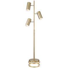 the three light floor lamp is gold and has two lamps on each side of it