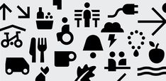 various black and white symbols are shown in the shape of an arrow, fire extinguishers, water pump, car wash basin, toilet, sink, kitchen utensils